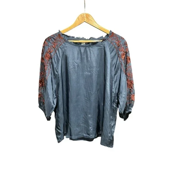 Sundance Parlor Blooms Float Blouse Size Petite Medium Oasis Blue Embroidered - Picture 2 of 7